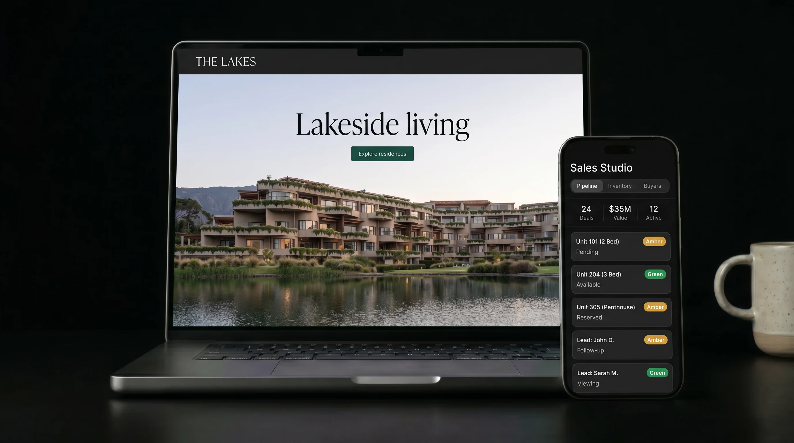 The Lakes ecosystem on a MacBook and iPhone: the buyer-journey website and the Sales Studio agent CRM