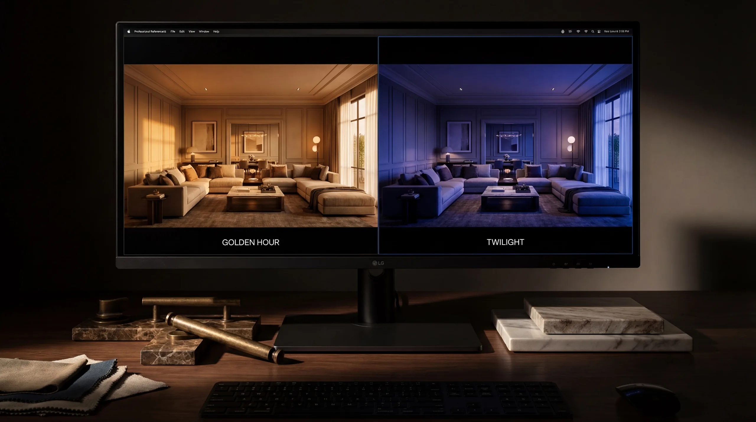 Atmospheric artistry stage - high-fidelity material textures and cinematic lighting setup with golden hour and twilight mood rendering