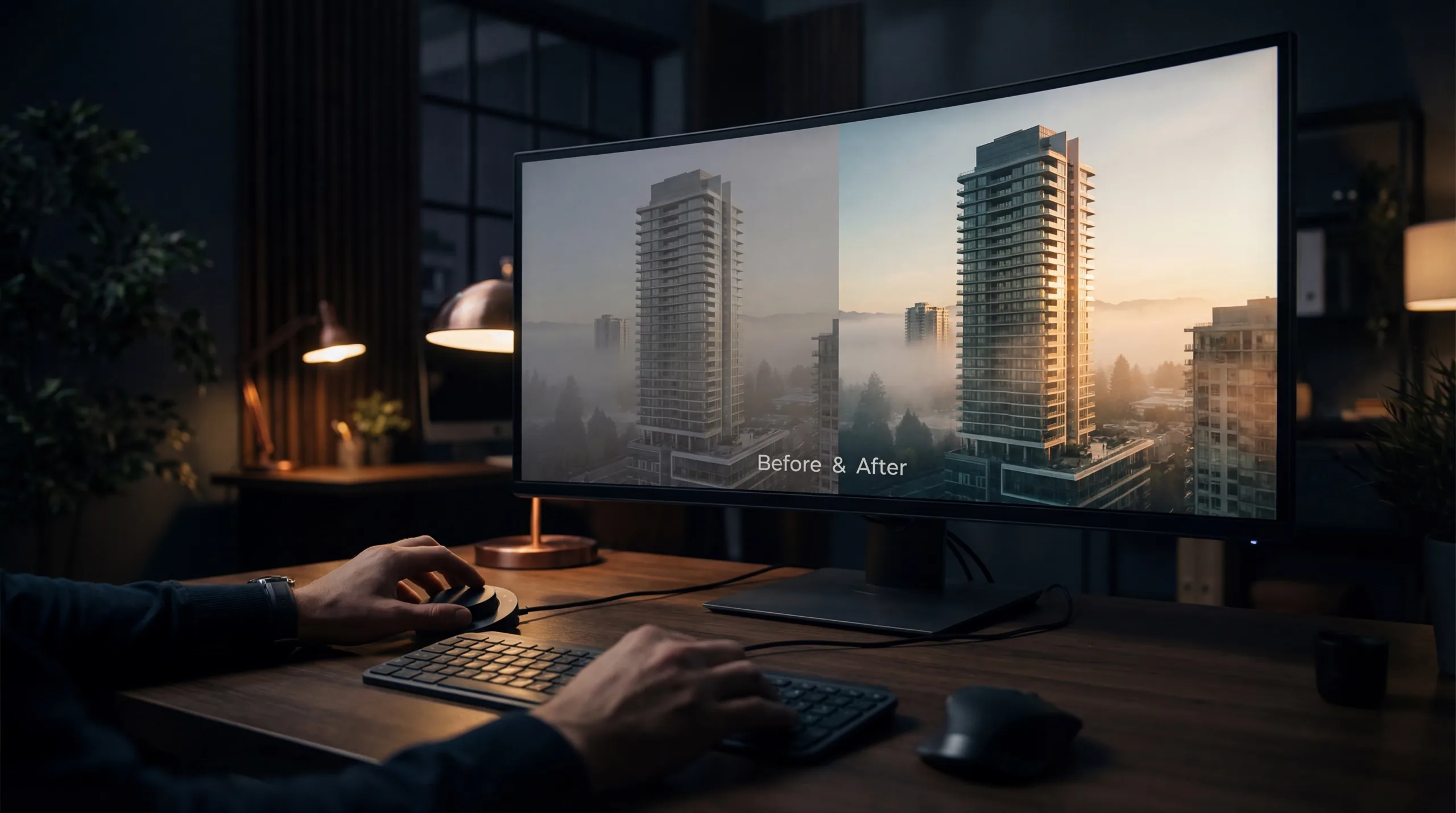 Narrative accent process - cinematic post-production with morning mist effects, bespoke colour grading, and dusk city glow enhancement